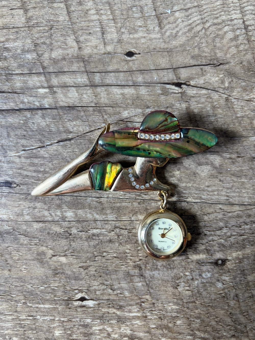 Vintage Bonetto Gold Tone Quartz Dangle Watch Woman’s Silhouette Art Deco Brooch